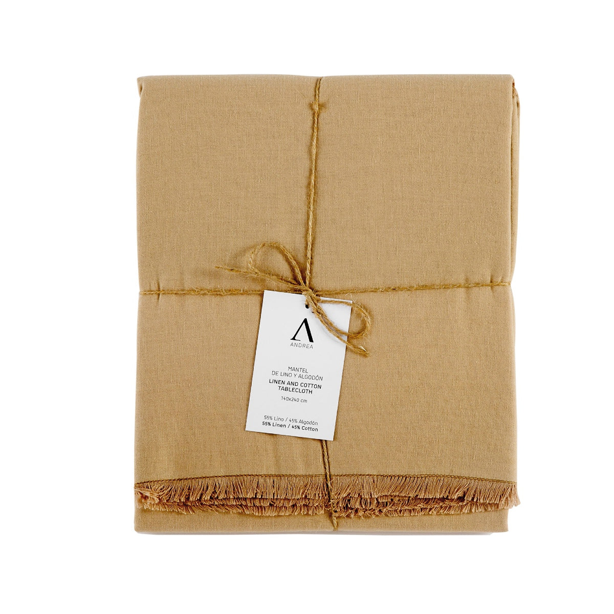 Mantel de mesa beige de lino con flecos 240 cm
