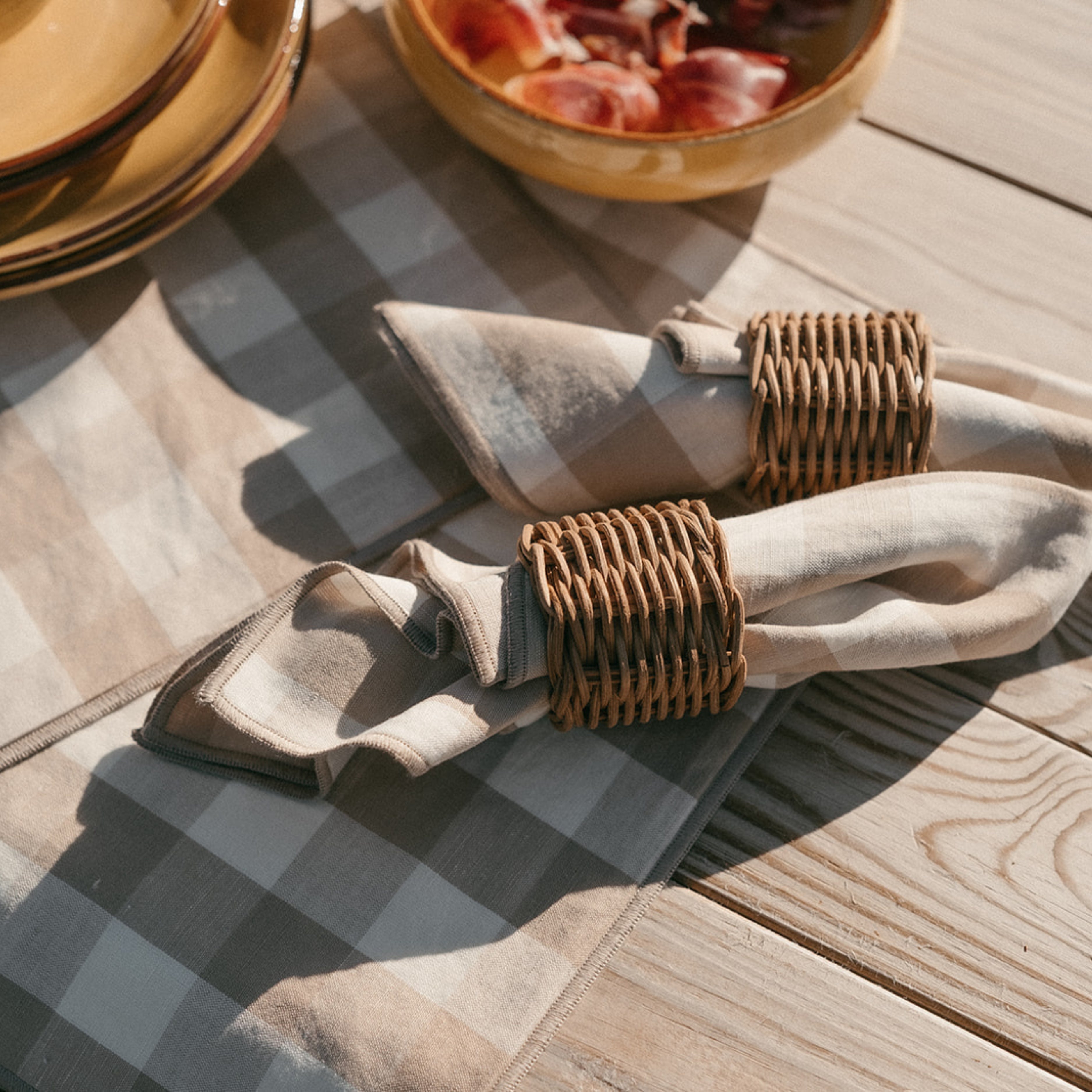 Set of 2 beige gingham linen table napkins