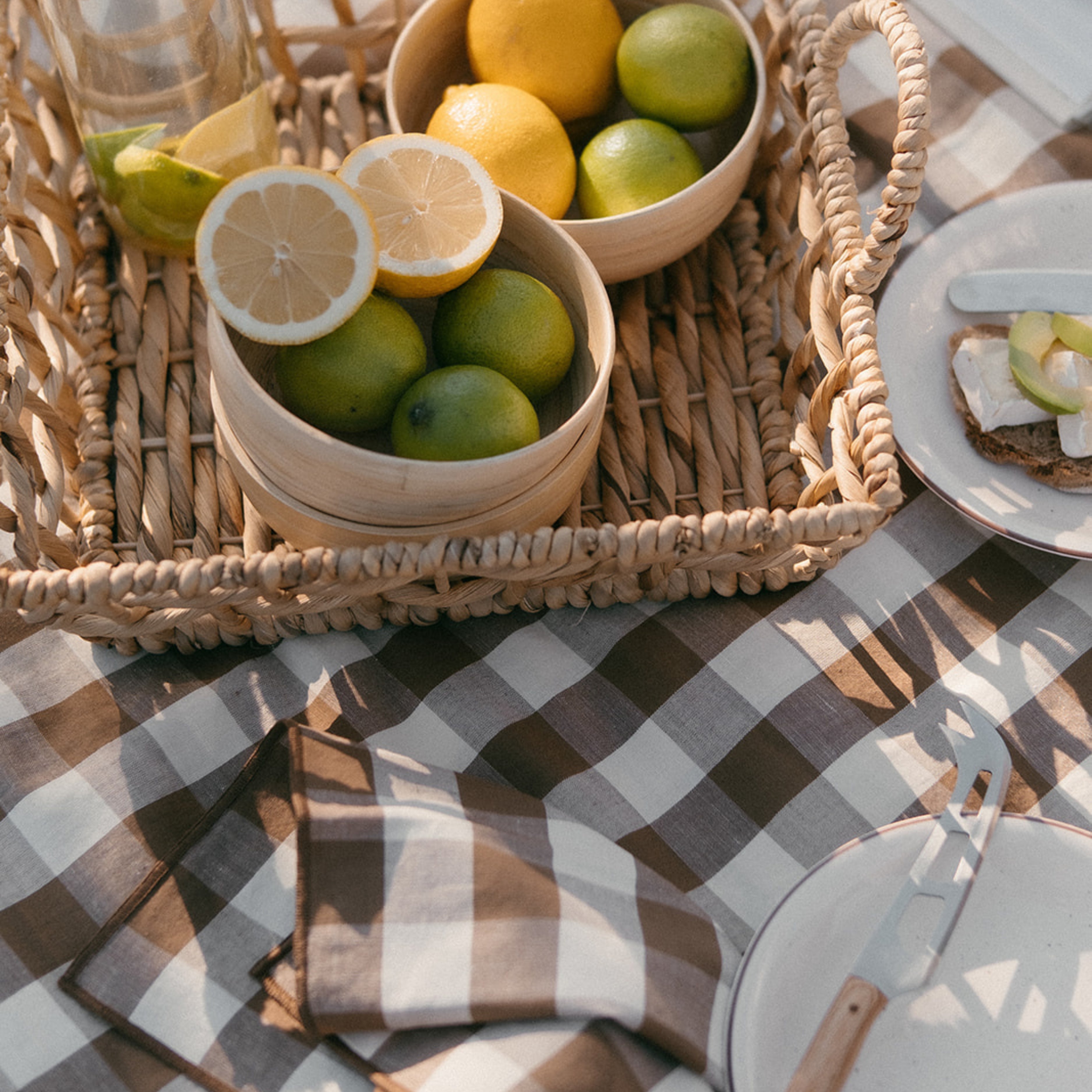 Set of 2 brown gingham linen table napkins