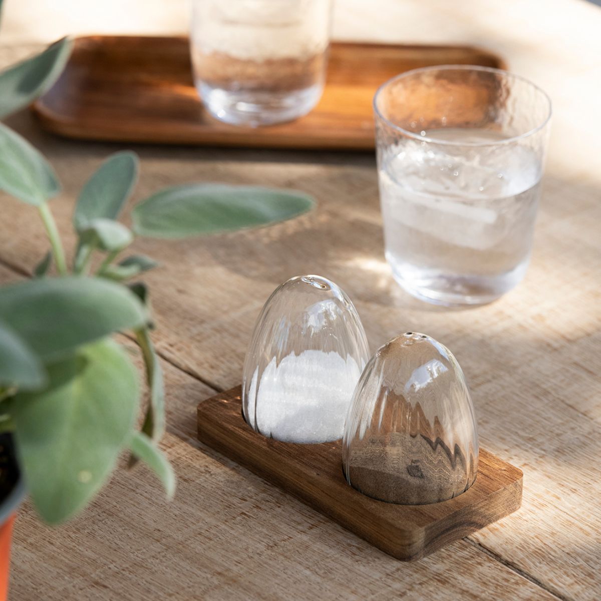 Salero y pimentero de cristal y madera