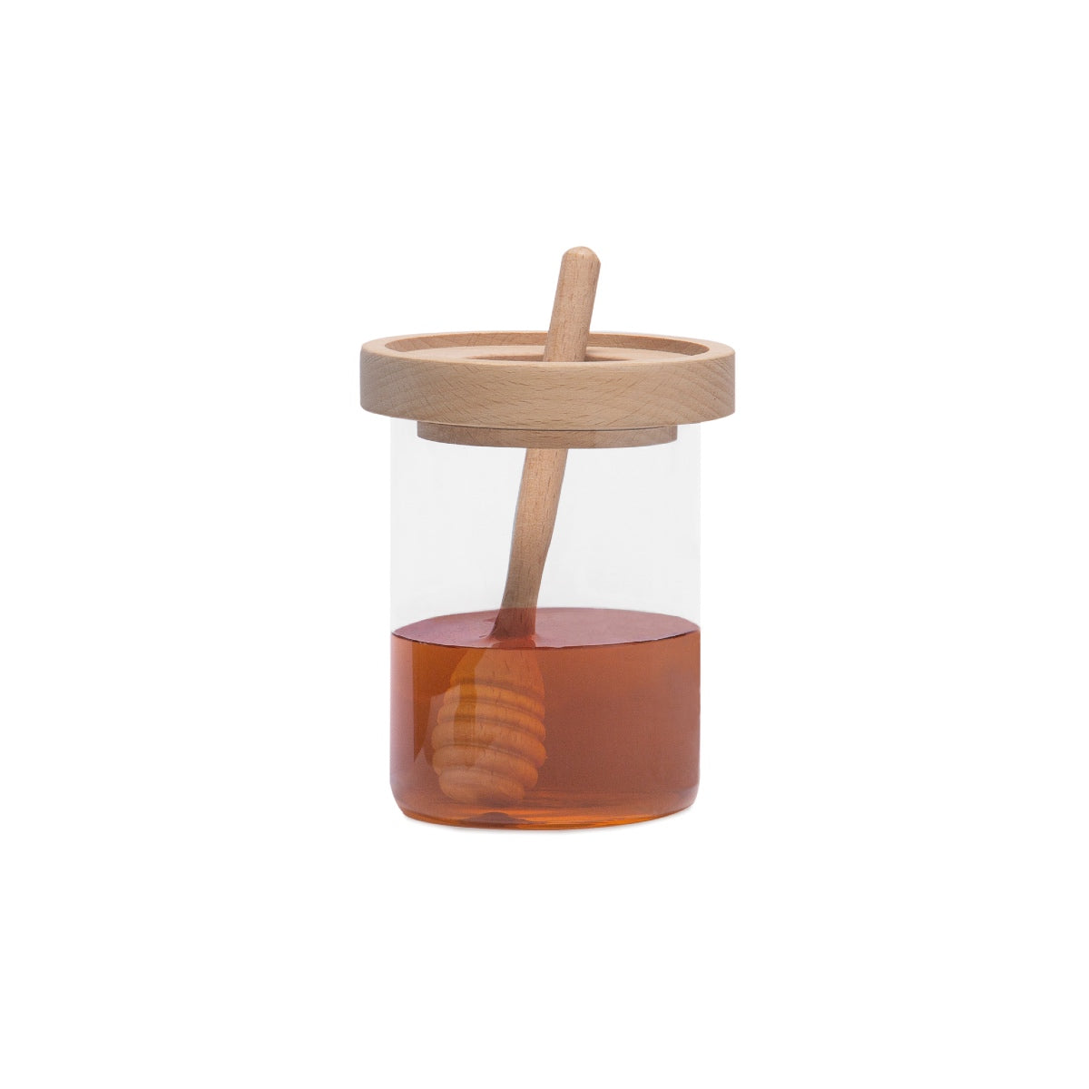 Tarro de miel de cristal con cuchara
