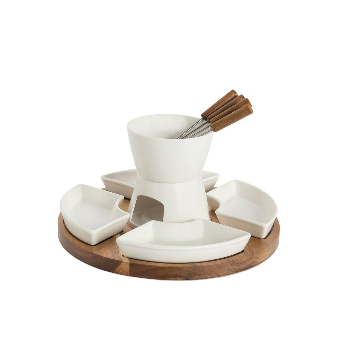 Fondue giratoria de porcelana y acacia de 4 piezas