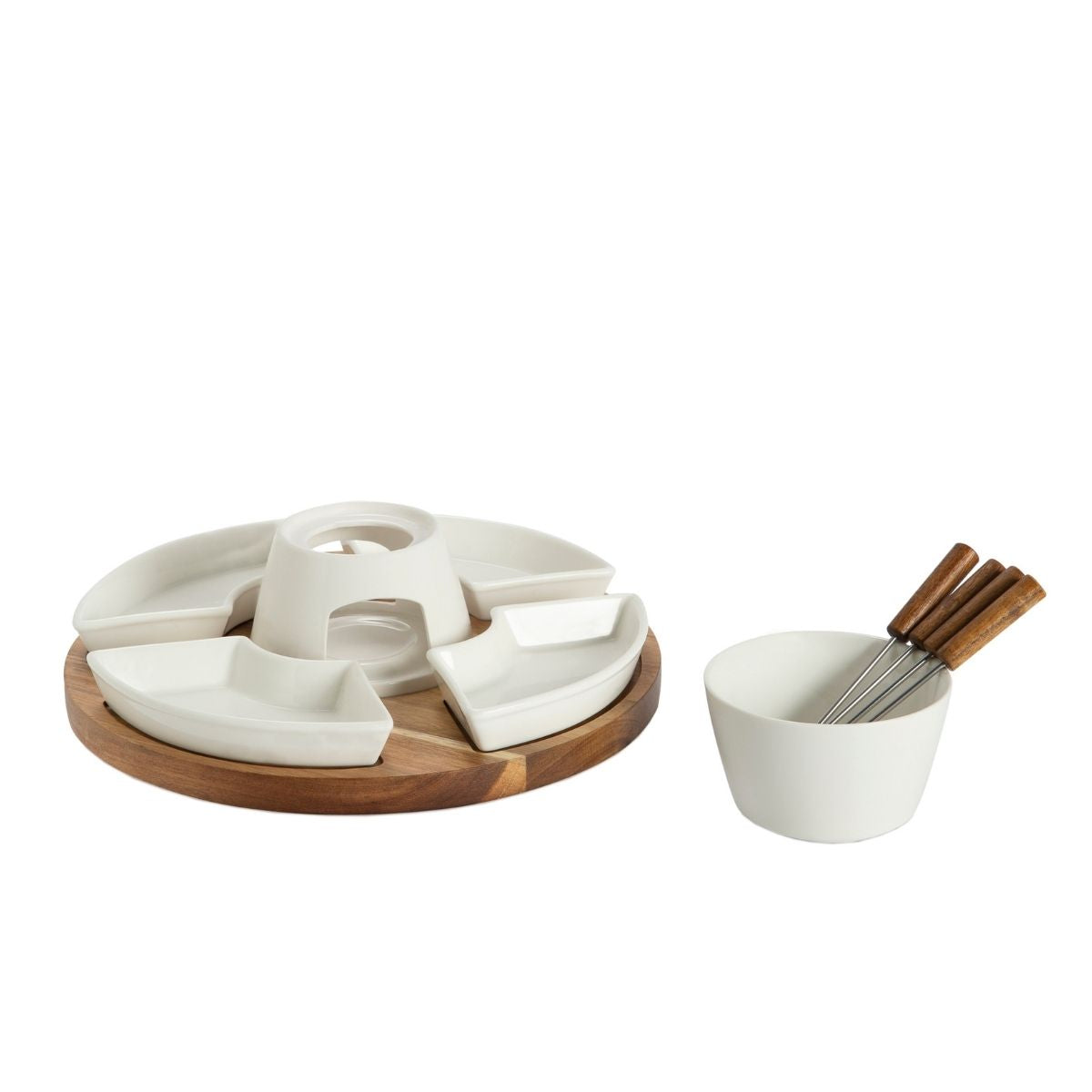 Fondue giratoria de porcelana y acacia de 4 piezas