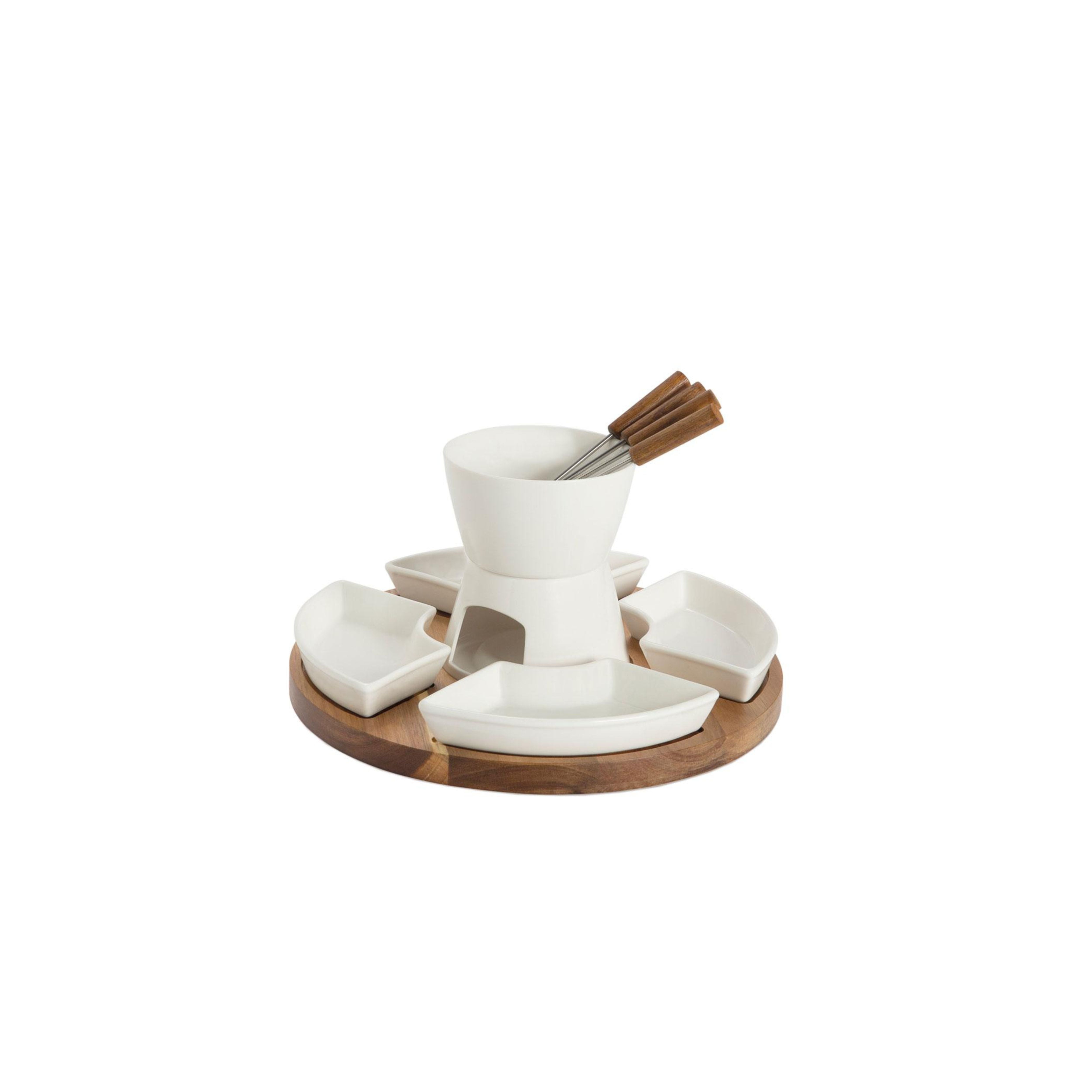 4-piece rotating porcelain and acacia fondue set