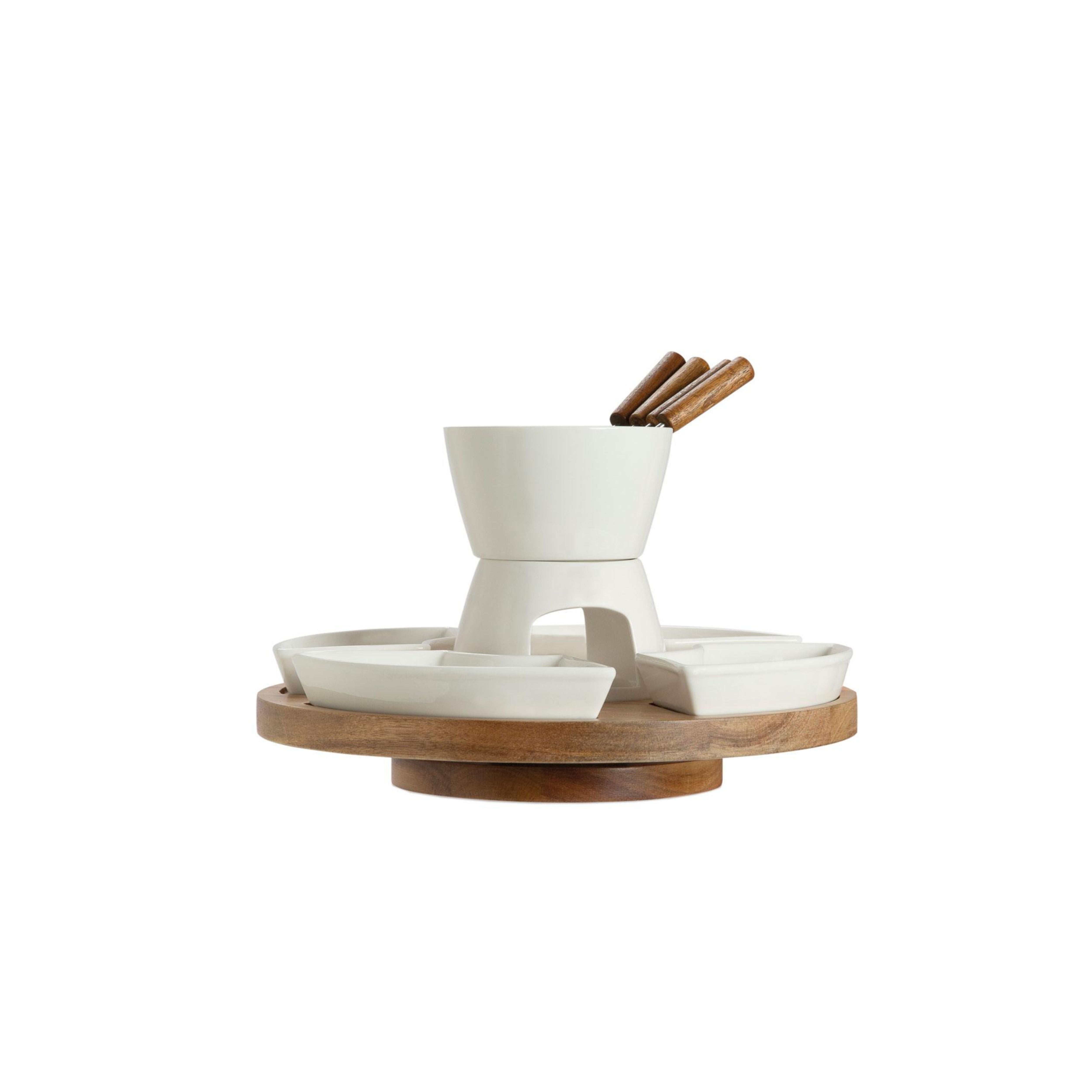 4-piece rotating porcelain and acacia fondue set