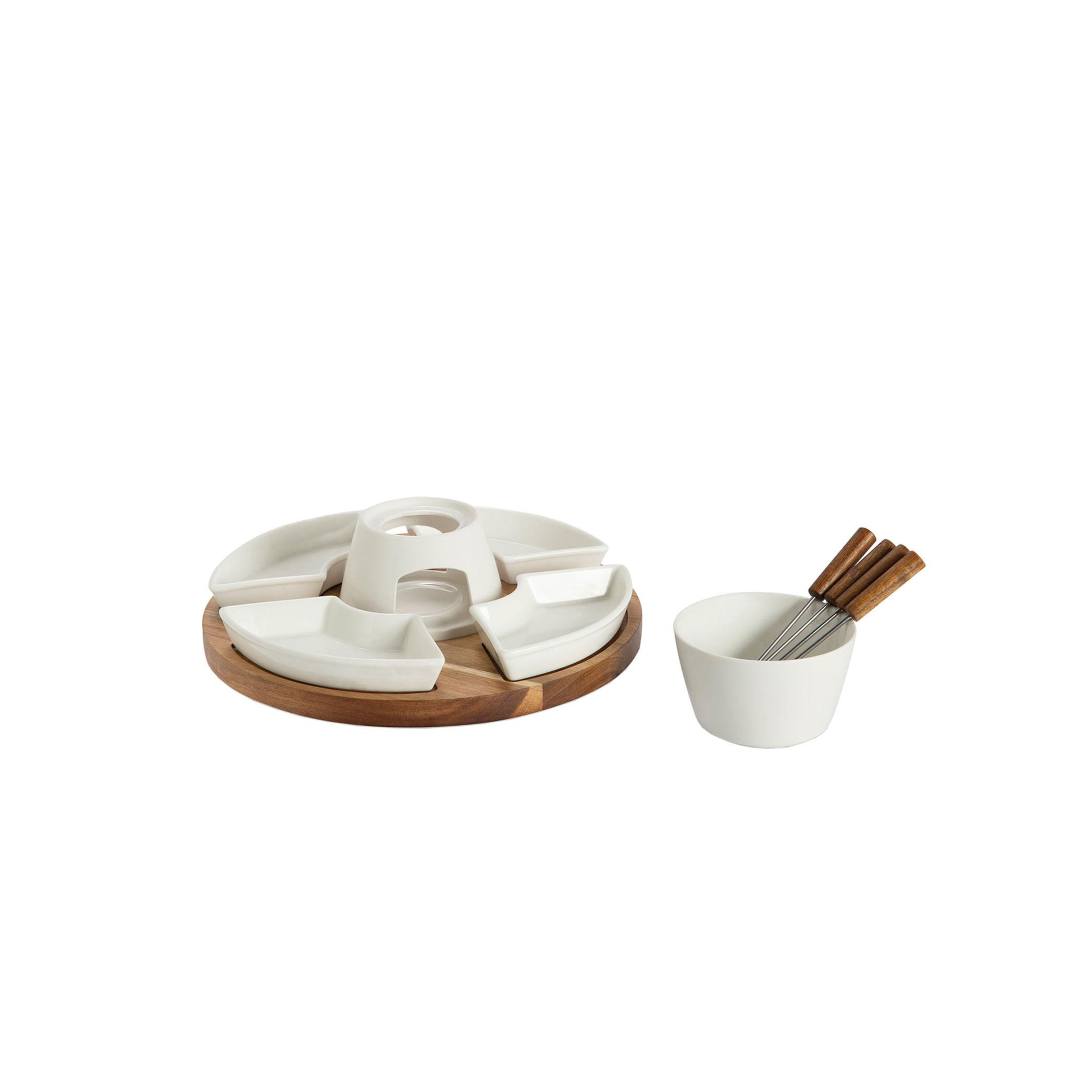 4-piece rotating porcelain and acacia fondue set