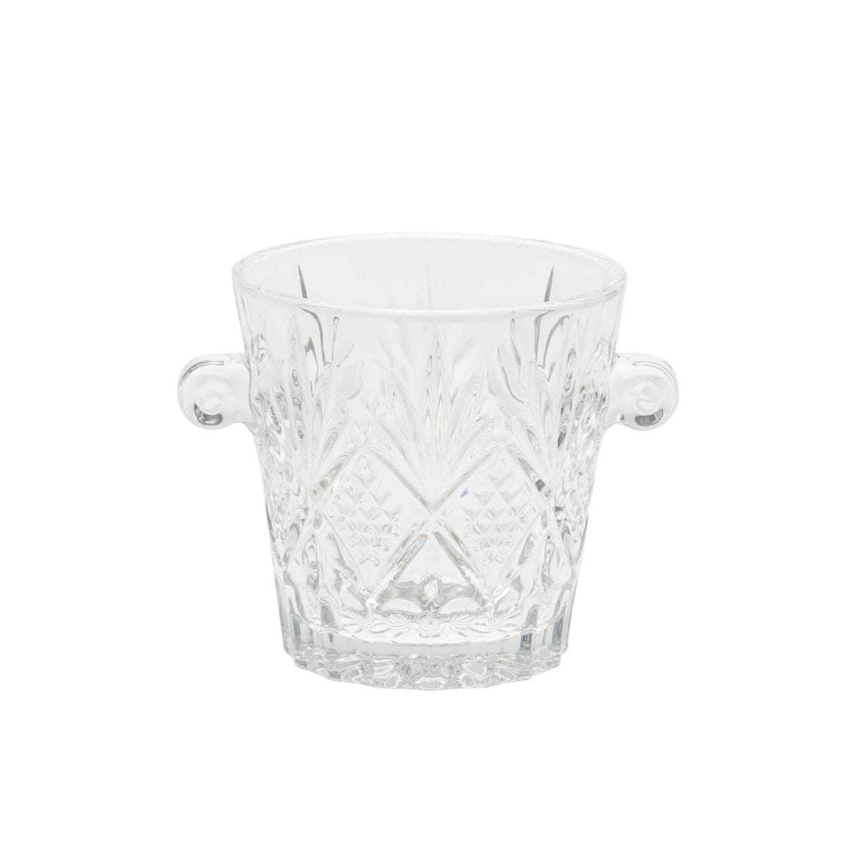 Cubitera de vidrio transparente con relieve decorativo y asas laterales.