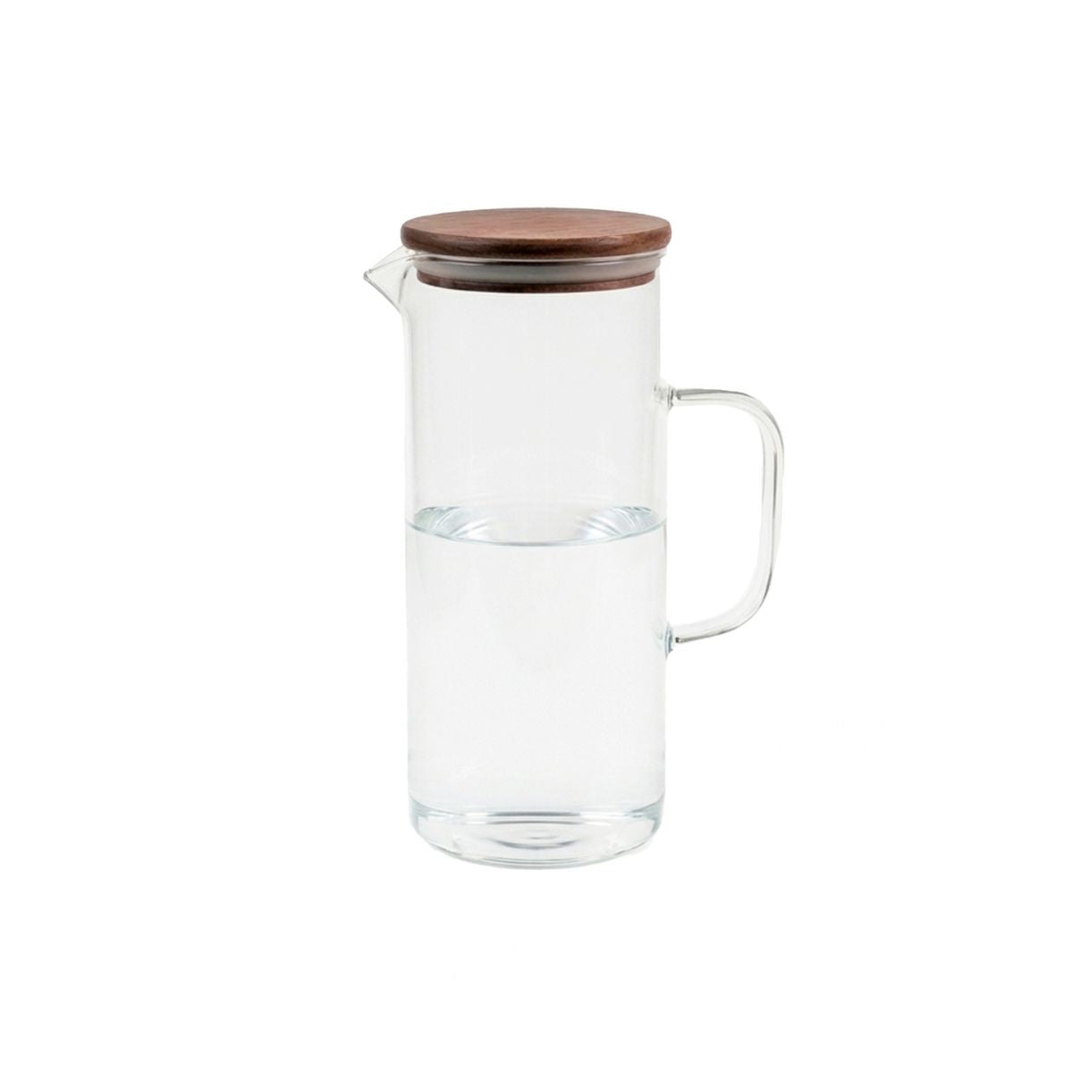 Jarra de agua de vidrio transparente con asa y tapa de madera.