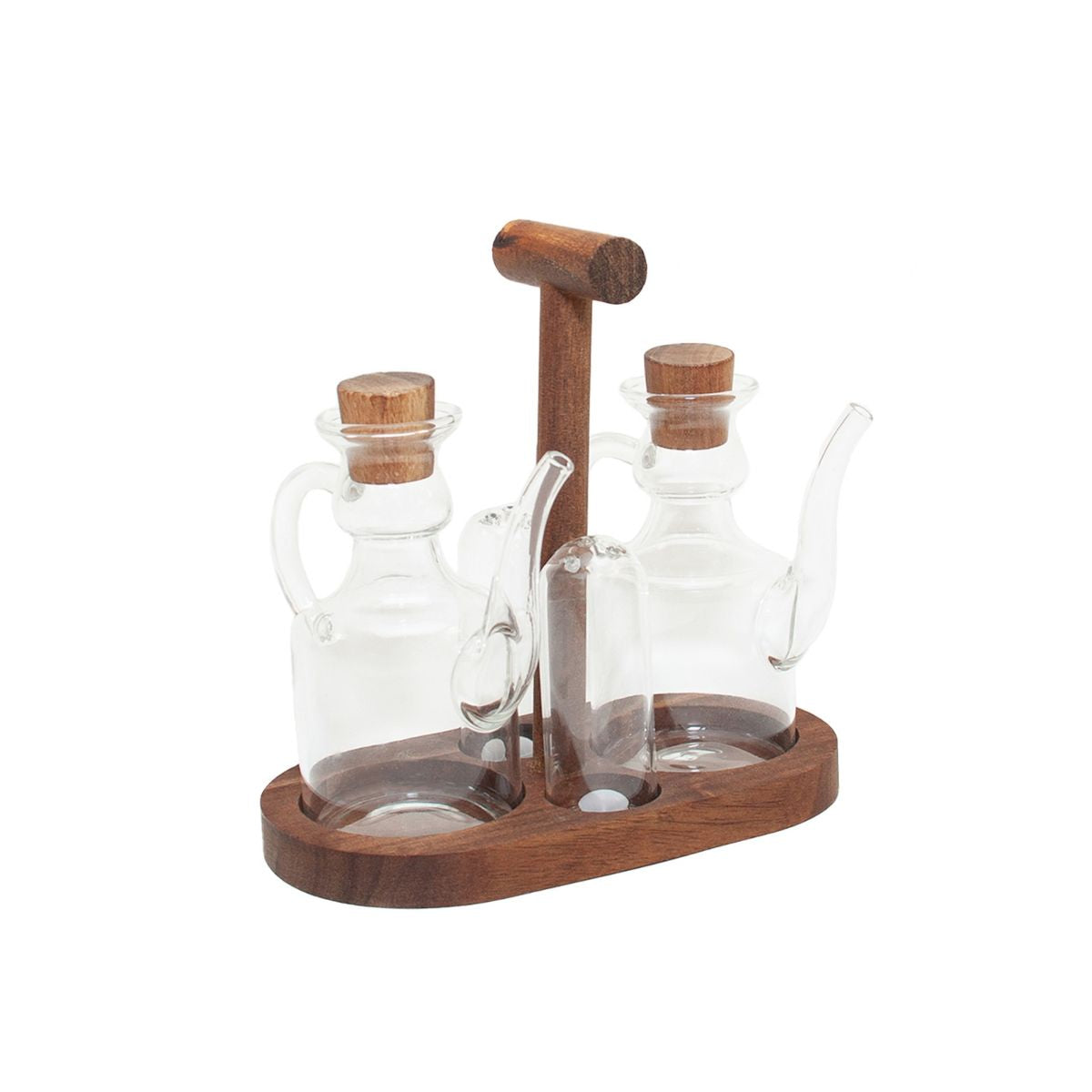 Set de aceitera y vinagrera de vidrio con tapones y base de madera, acompañado de salero.
