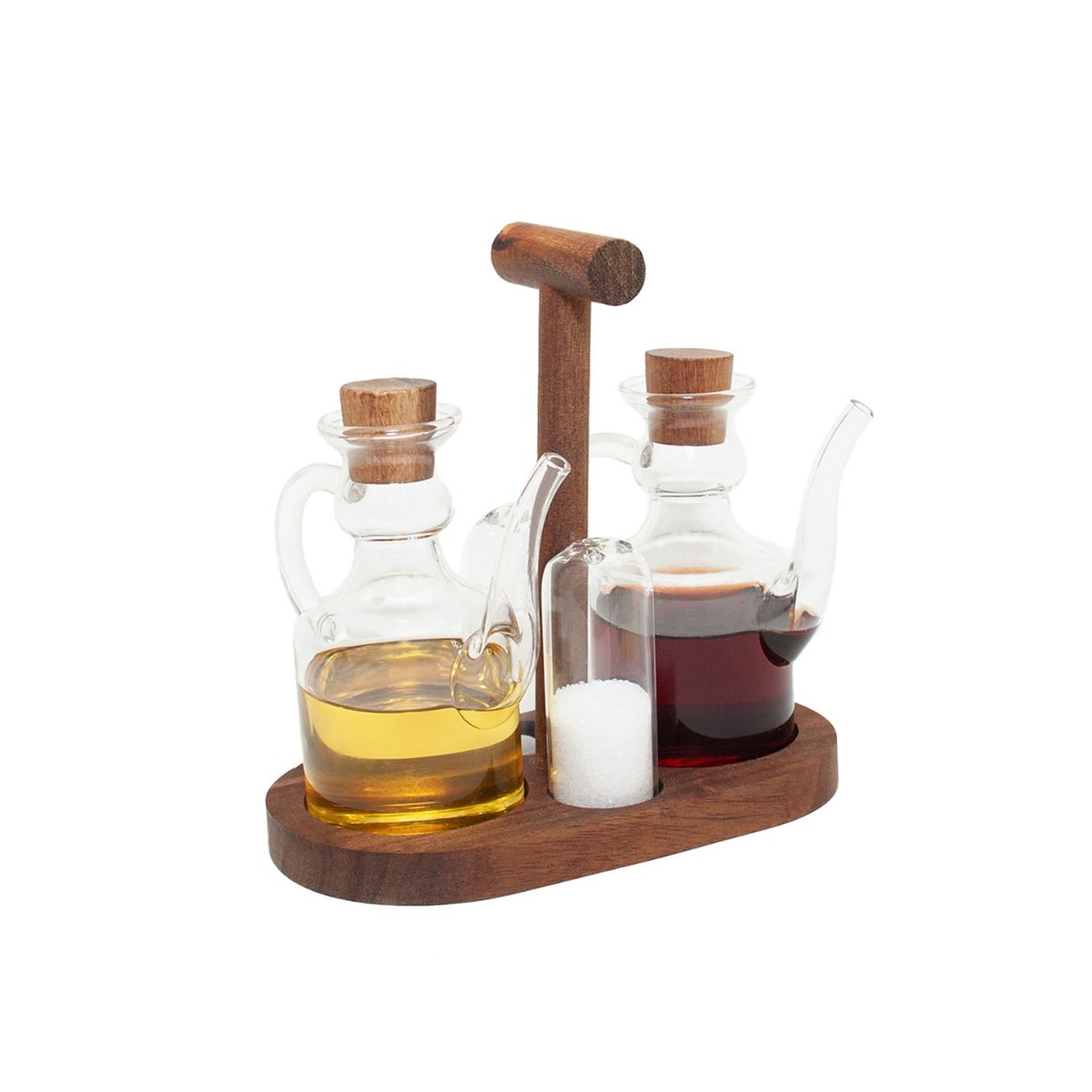 Set de aceitera y vinagrera de vidrio con base y asa de madera, con aceite, vinagre y salero.