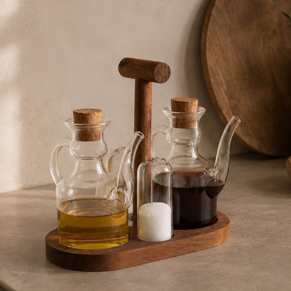 Set de aceitera, vinagrera y salero sobre base de madera en ambiente de cocina.