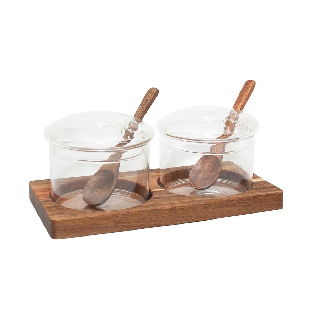 Set de dos tarros de vidrio con tapa, cucharillas y base de madera.