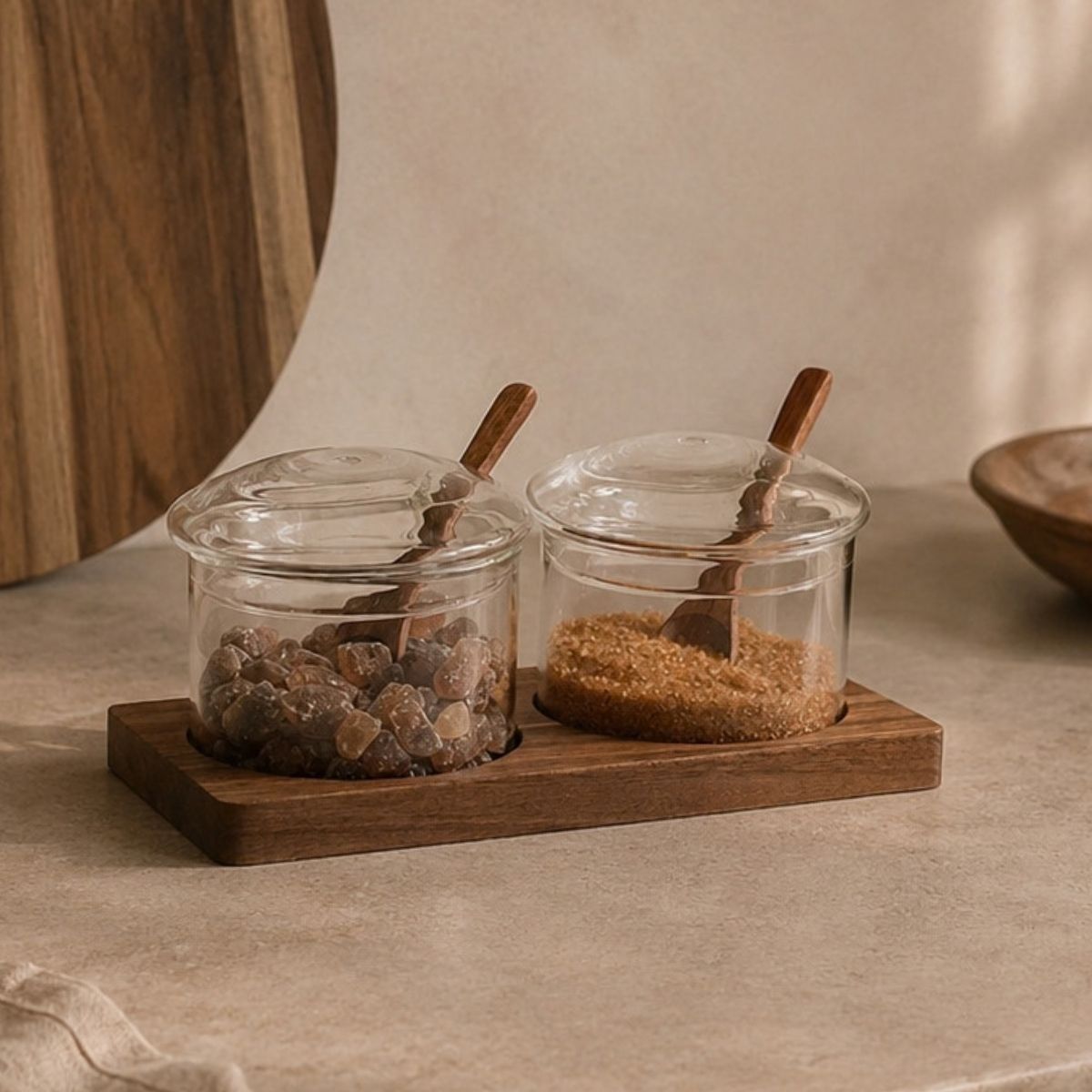 Set de dos tarros de vidrio con tapa y cucharillas de madera sobre base de madera, en ambiente de cocina.