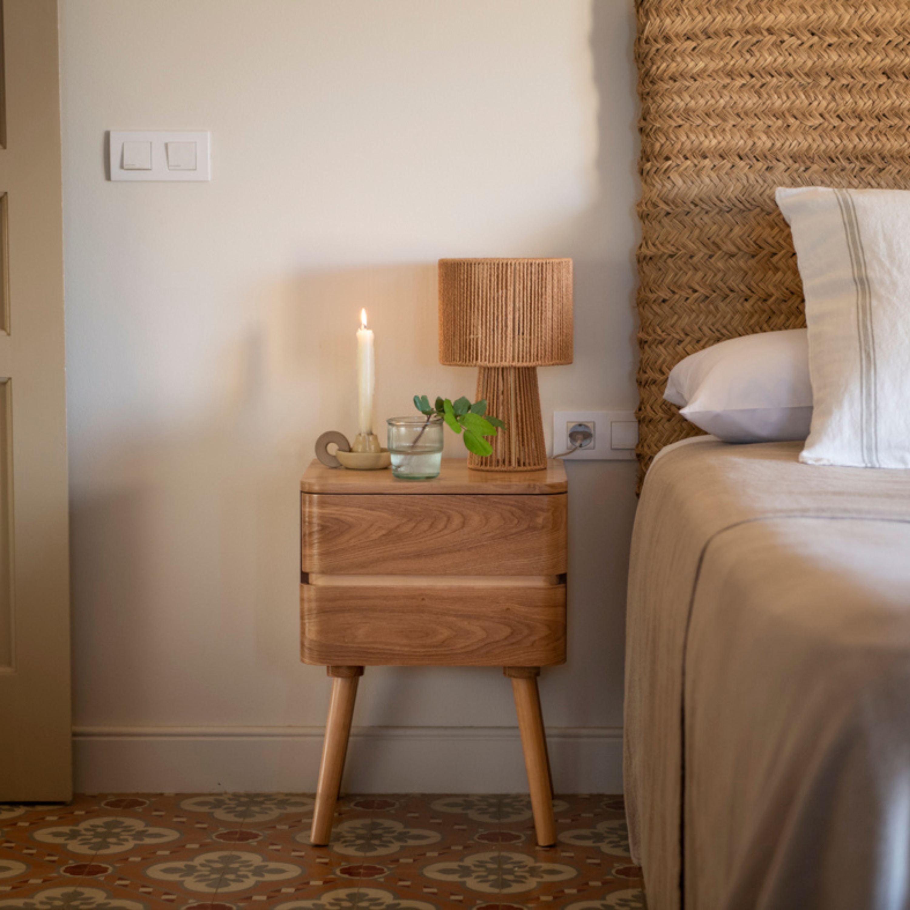Nordic beige wooden bedside table