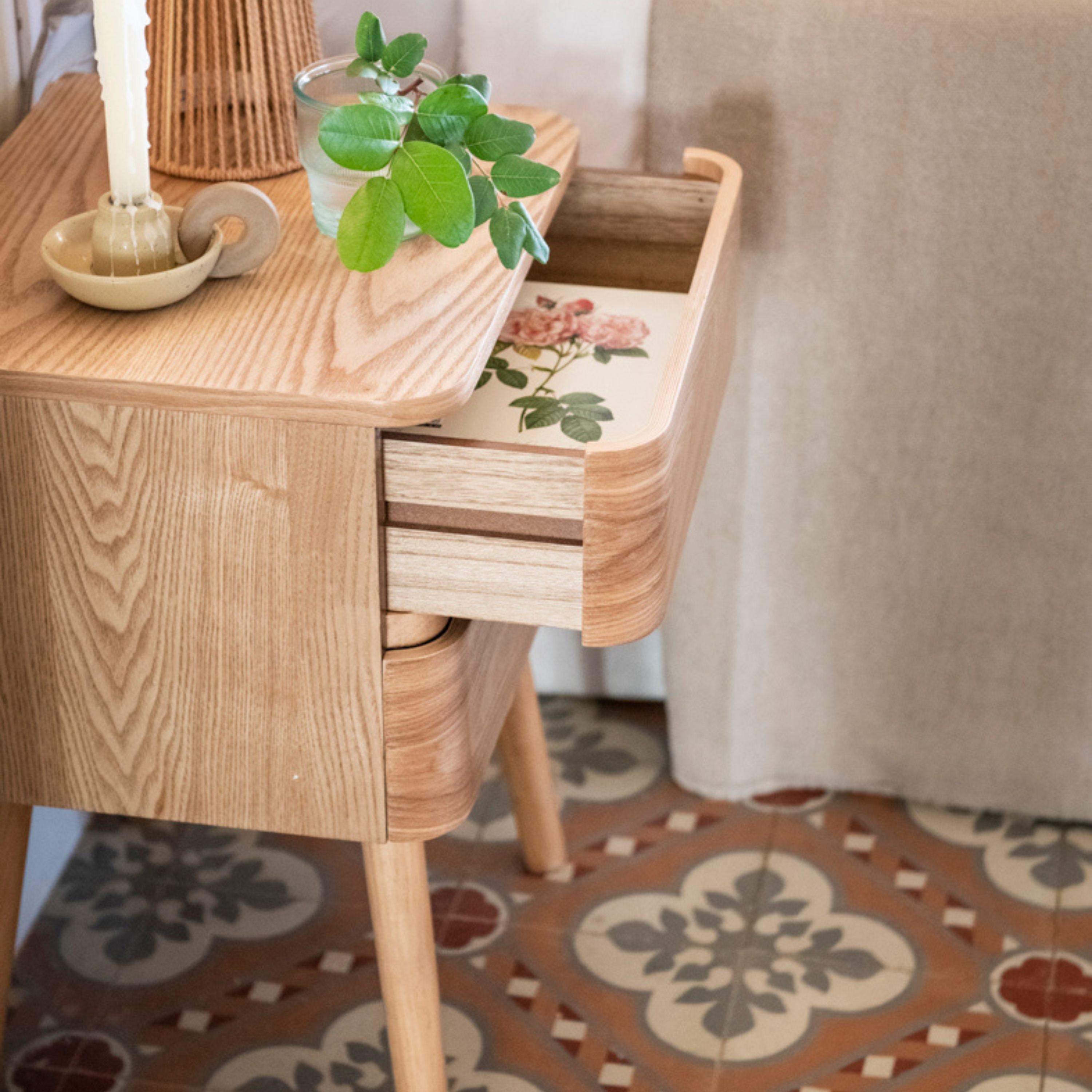 Nordic beige wooden bedside table