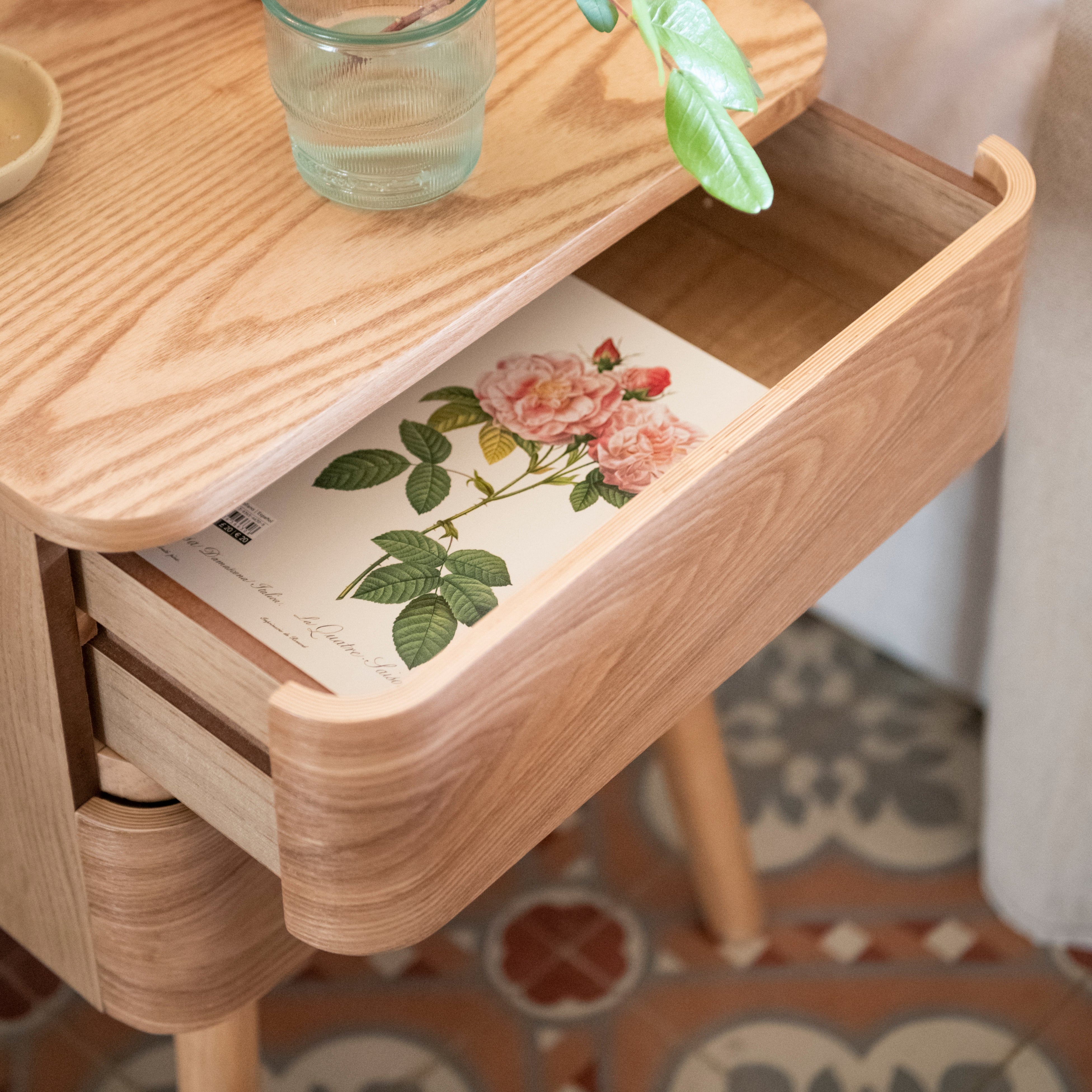 Nordic beige wooden bedside table