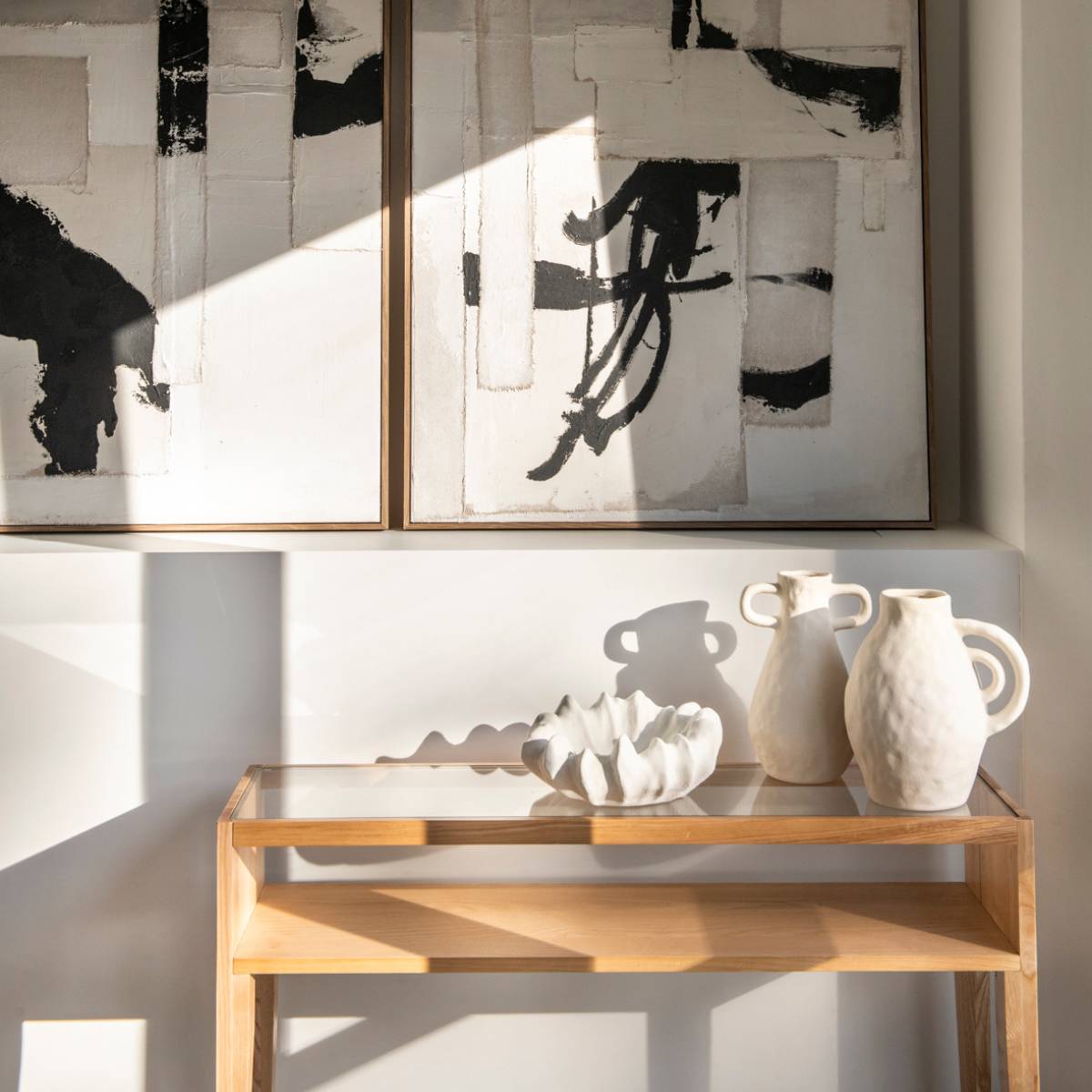 Consola de madera de fresno y vidrio 100 cm