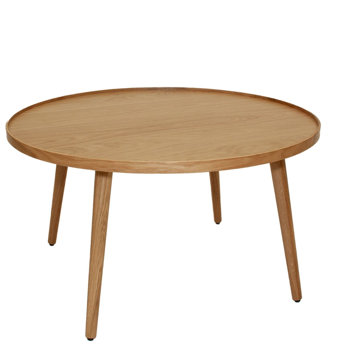Mesa auxiliar redonda de roble con diseño minimalista y patas de madera maciza.