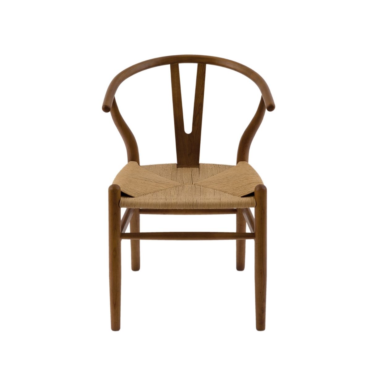 Silla de comedor de madera con respaldo curvo y asiento de fibra trenzada
