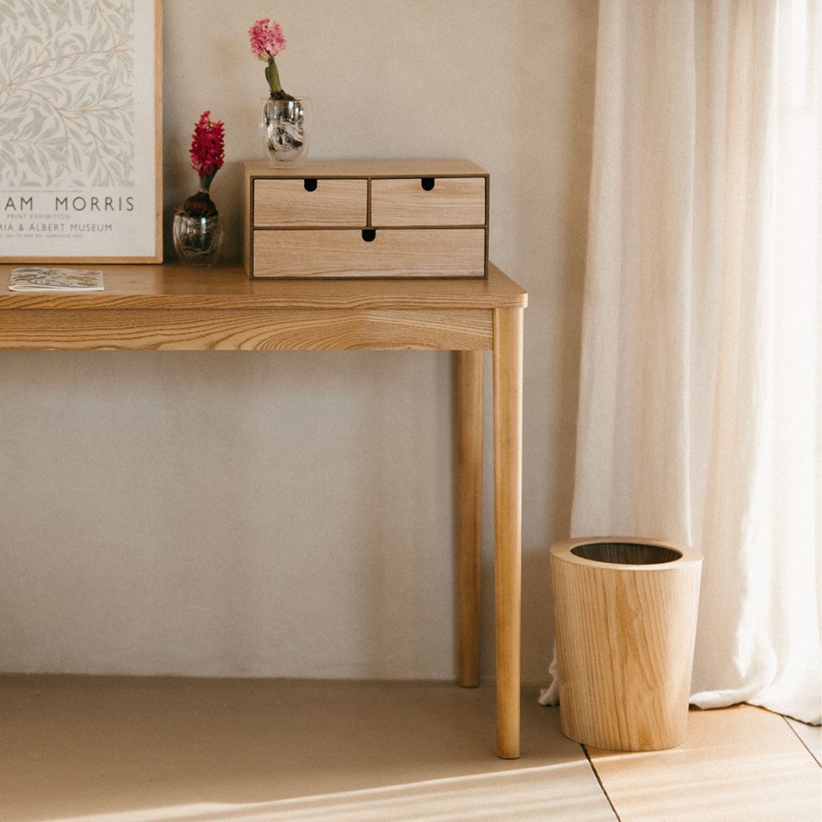 Beige wooden office wastebasket