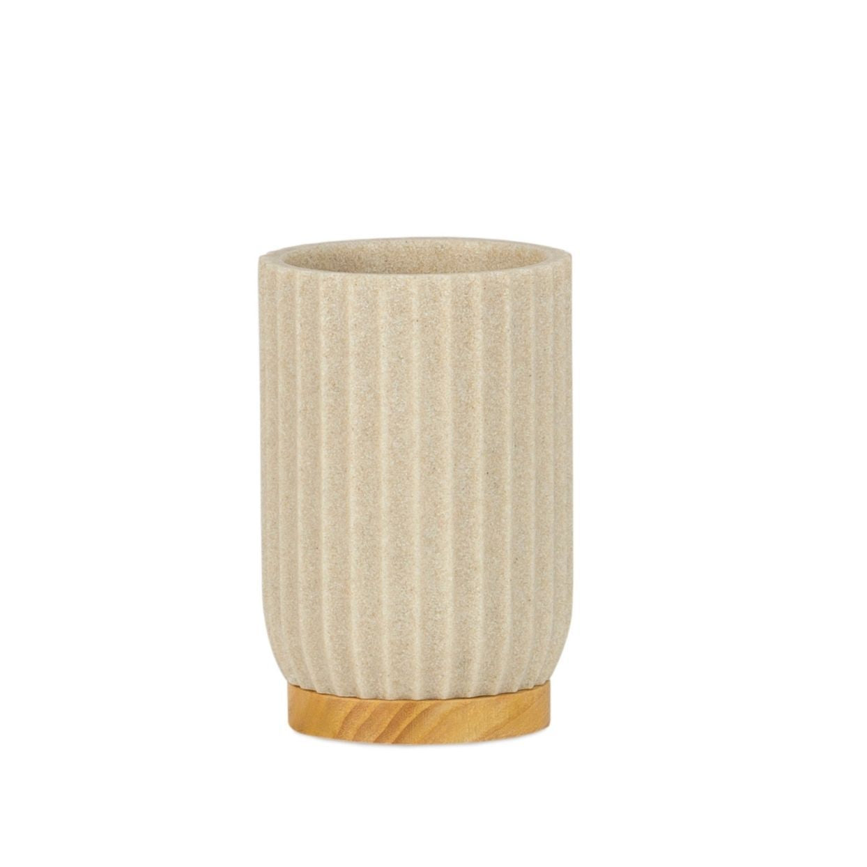 Modern bathroom toothbrush holder made of wood and beige resin