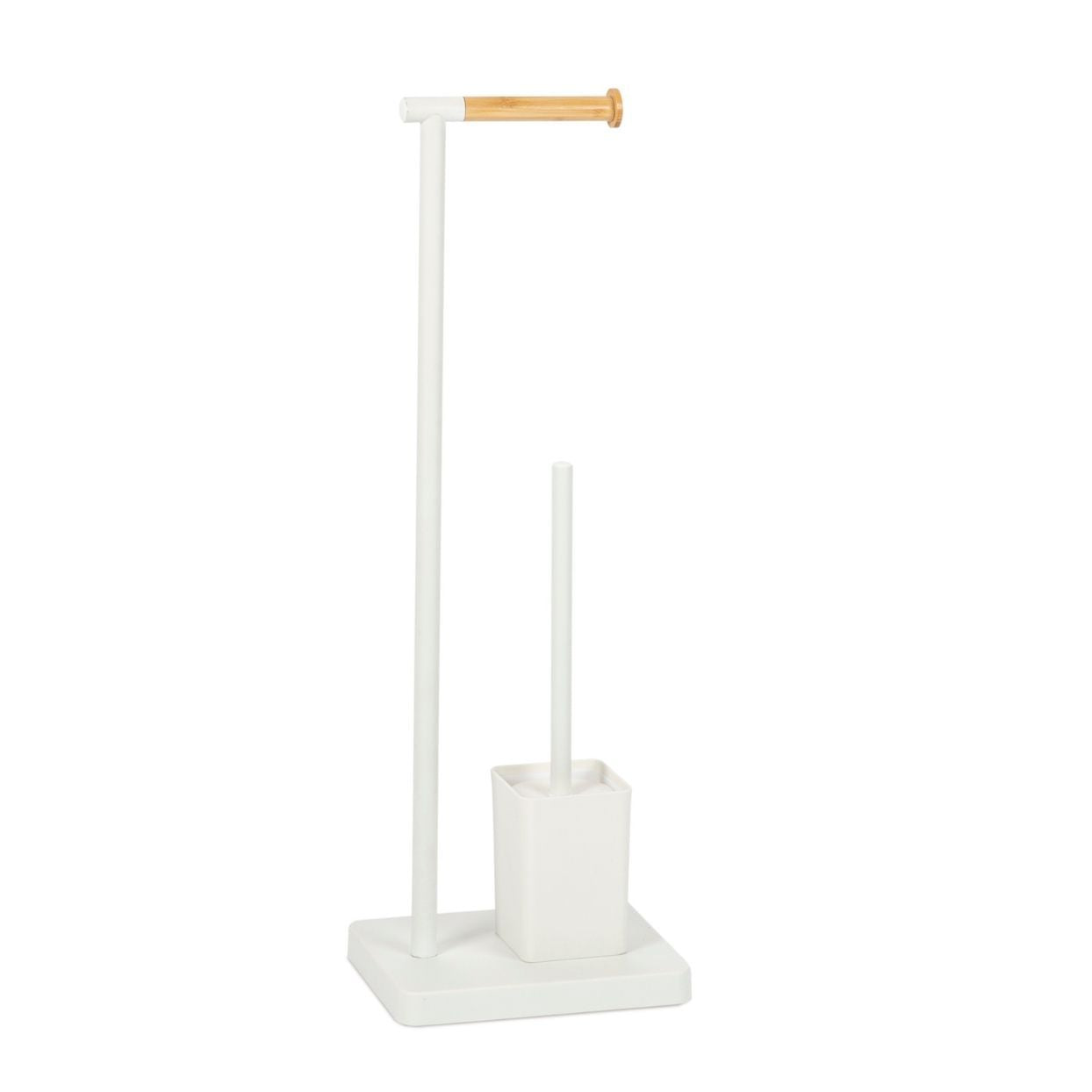 White metal toilet paper holder and toilet brush holder