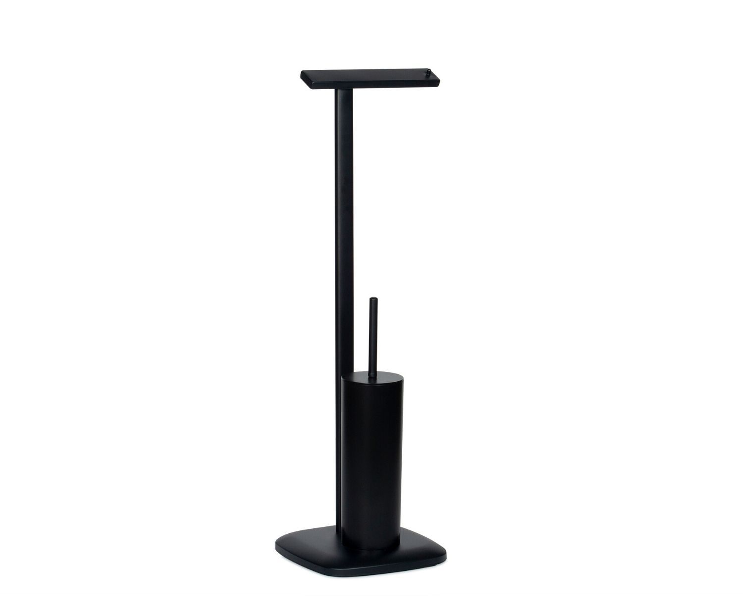 Modern black metal toilet roll holder with toilet brush