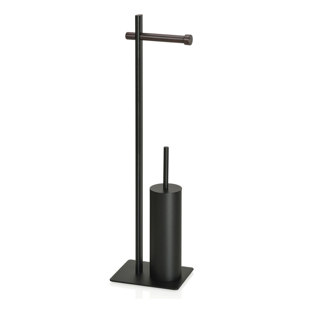 Black metal and wood toilet roll holder with brush