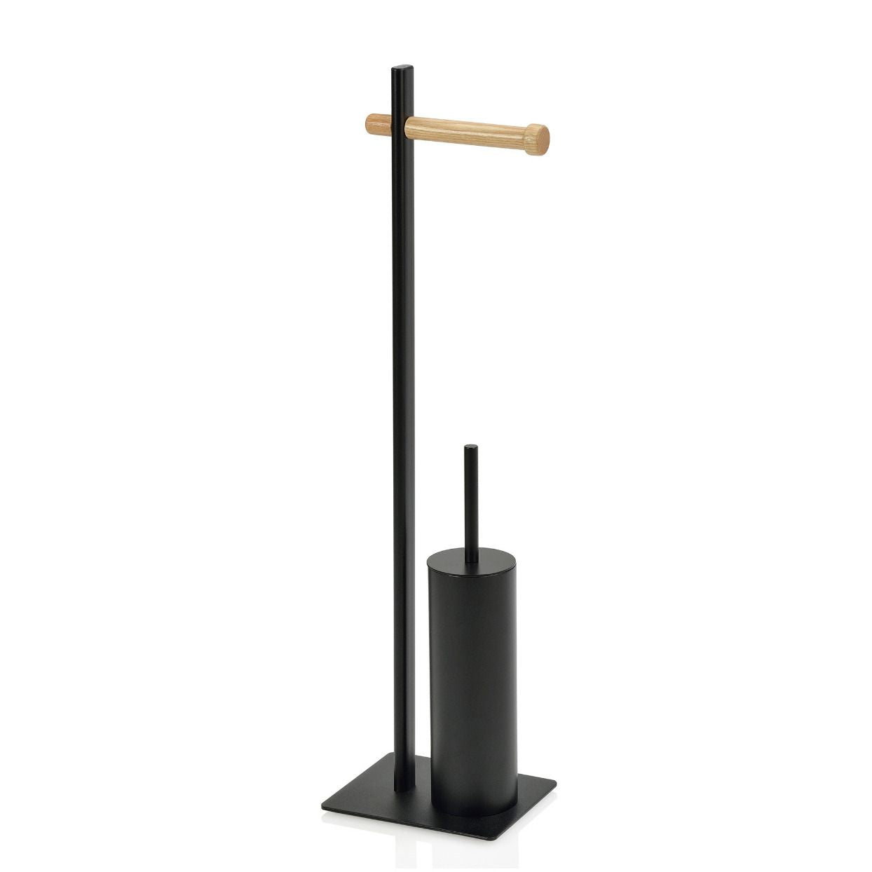 Toilet roll holder with black metal and wood brush