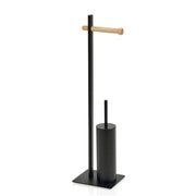 Toilet roll holder with black metal and wood brush